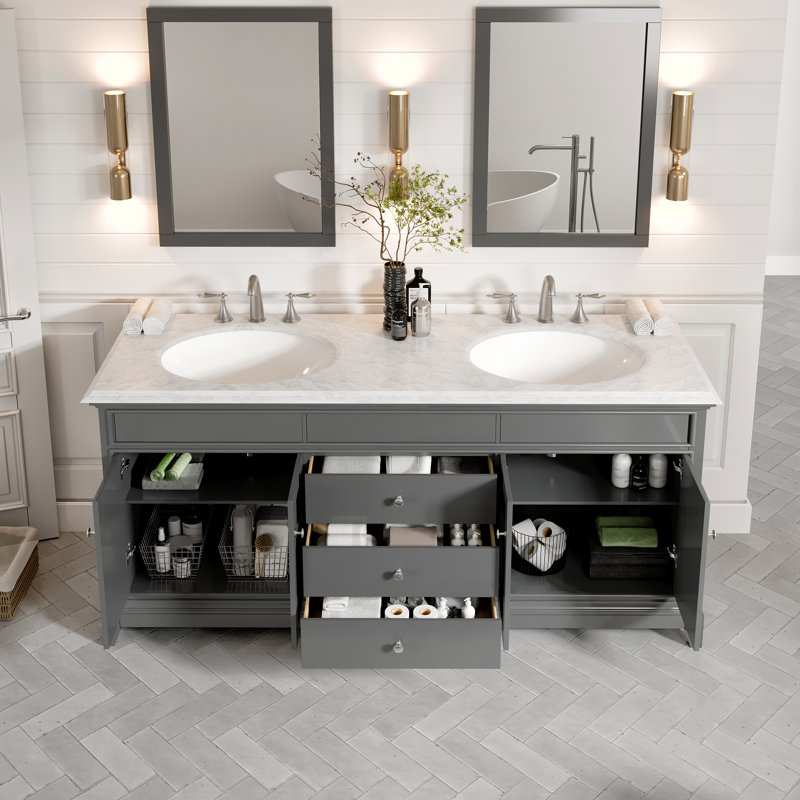 Gray Marble Double Sink Freestanding Bathroom Vanity