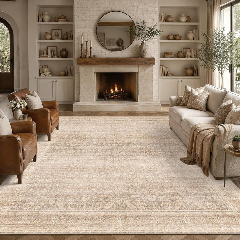 Tapis vintage lavable - Tapis à poils courts doux et antidérapant, Beige, Rectangle 8' x 10'