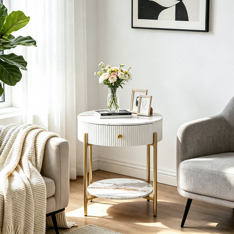 Woodville Side Table with Storage, Gold, Calacatta Gold