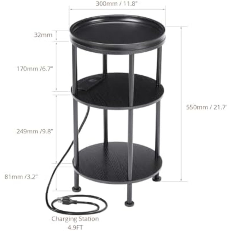 Petite table d'appoint ronde avec station de recharge, noire | Table d'appoint à 3 niveaux avec ports USB et prises électriques, table basse de coin pour salon, table de chevet, chambre ou appartement
