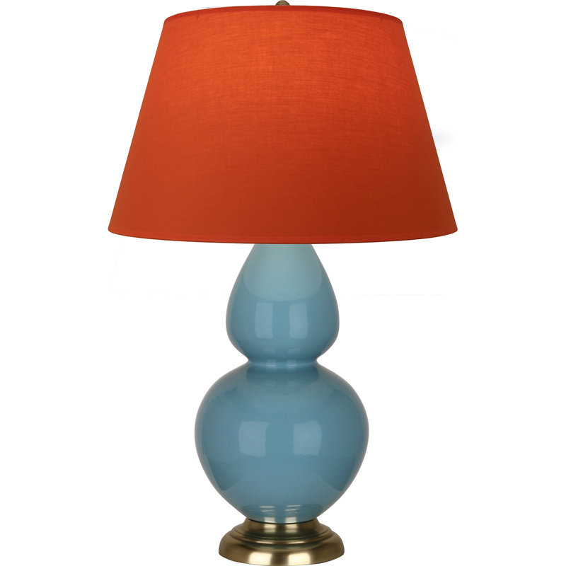 Lampe de table double gourde en céramique, Bleu acier émaillé / laiton, Tangerine / doublure taupe, Laiton