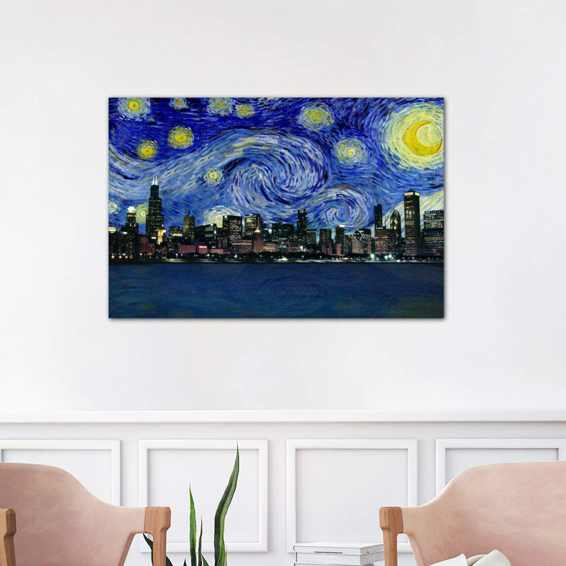 Chicago, Illinois, nuit étoilée, impression d'art graphique, Toile tendue, H 32 po x l 48 po x 1,5 po