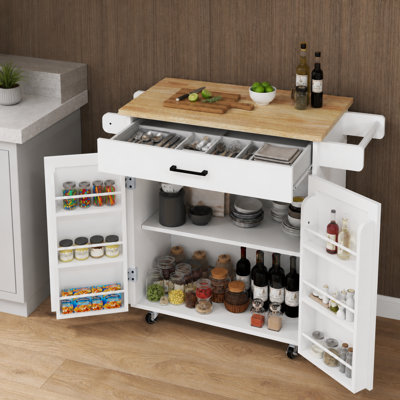 Îlot de cuisine à roulettes de 100 cm (39,3 po) avec abattant, armoire de rangement, tiroir, porte-épices et porte-serviettes, blanc