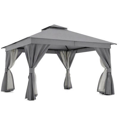 12 pi. L 12 pi. D Pavillon de jardin en acier avec double toit souple, rideaux et moustiquaire
