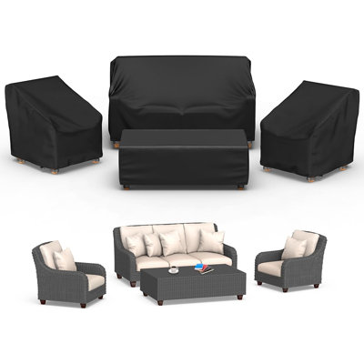 4-Piece Waterproof Patio Furniture Cover Set, Heavy-Duty Outdoor Sofa, Chair & Coffee Table Covers with Windproof Straps, Black