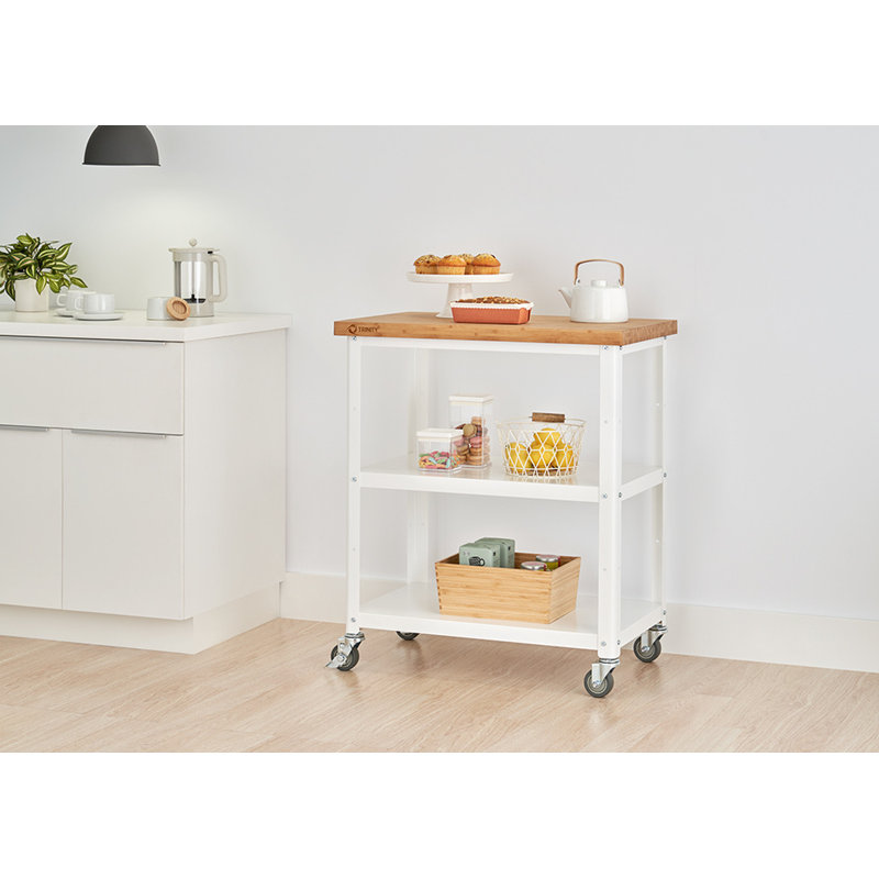32 In. Bamboo And Metal Kitchen Cart W/ Wheels, Powder Coated White