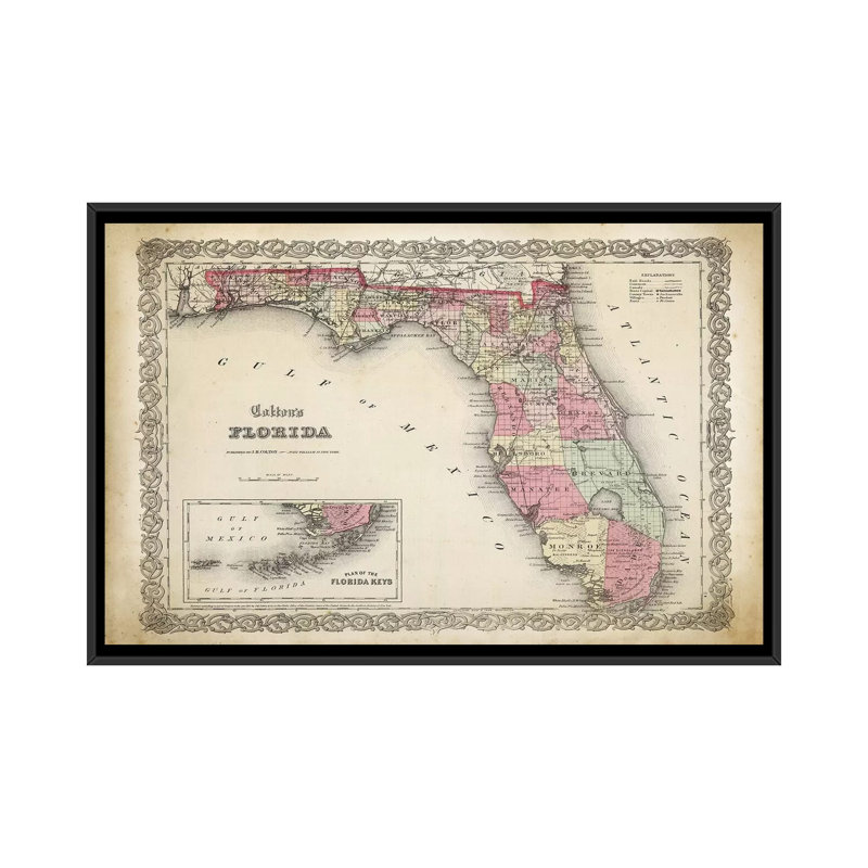 «Florida Map, 1863», impression sur toile, H 18 po x l 26 po x P 1,5 po, Toile avec cadre noir, Pas de tapis