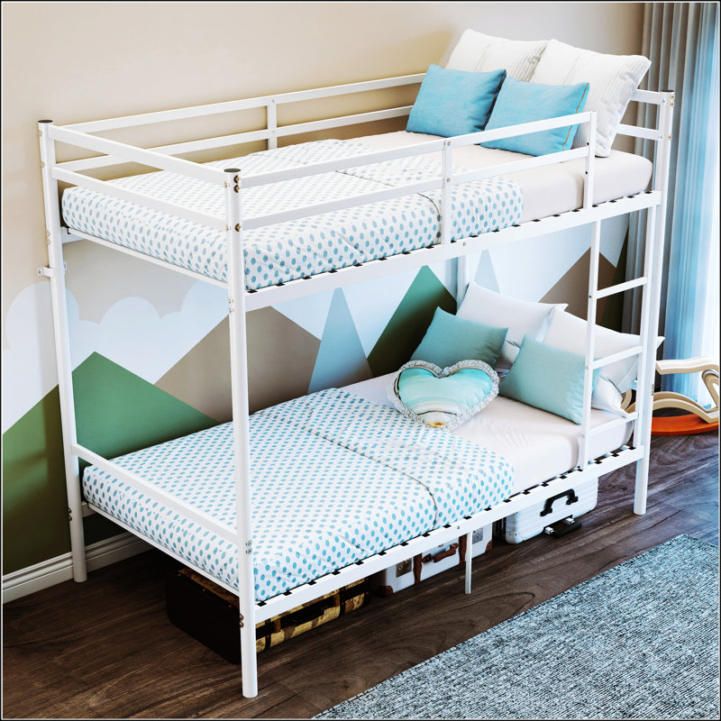 Lit superposé simple au-dessus d'un lit simple en métal avec échelle Barrières de sécurité élevées Cadre en fer robuste Conception silencieuse sous le lit Pas de sommier nécessaire Dortoir pour enfants adultes, blanc