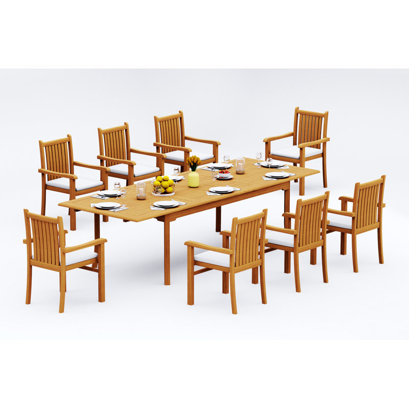 Ensemble de salle à manger en bois de teck Grade-A: table rectangulaire à double extension et fauteuils empilables Angarano # 11CH2412