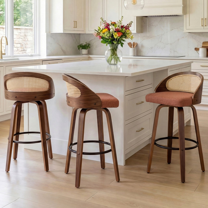 Swivel Upholstered Counter Stool with Solid Wood Frame, Bar Stool (76.2cm Seat Height), Orange Linen