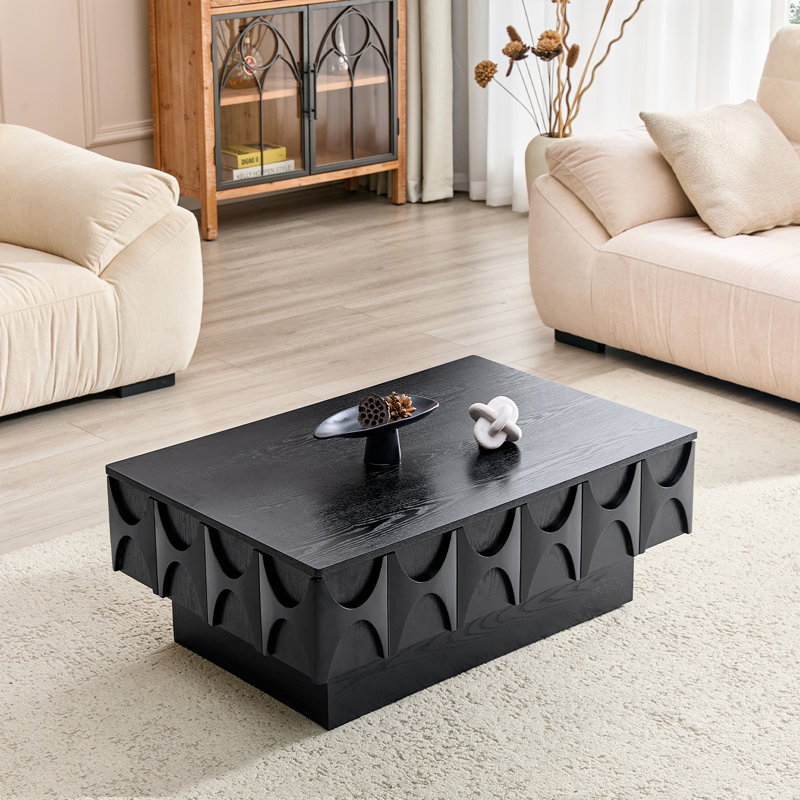 38.59"  Slide Top Coffee Table with Hidden Storage, Mid-Century Fluted Rectangle Center Table ,Black, Black