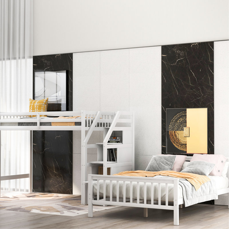 Lit mezzanine simple au-dessus d'un lit double blanc avec escalier et escalier de rangement pratique d'une largeur de 78,4 po offrant un espace de couchage spacieux