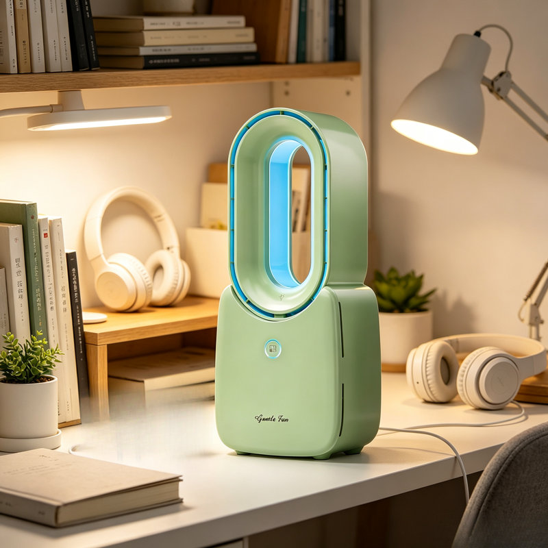 Ventilateur de bureau sans lame avec éclairage ambiant à DEL à commande tactile 5 couleurs, adapté au ventilateur de bureau silencieux et rechargeable USB pour les bureaux de chambre à coucher et de bureau