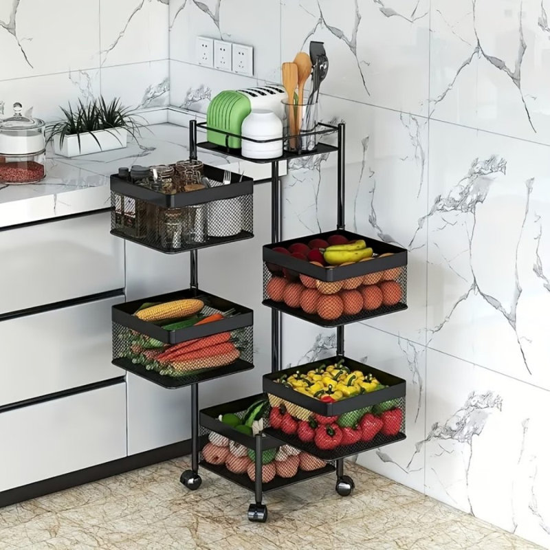 Panier à fruits pour la cuisine sans assemblage, support de rangement rotatif pour la cuisine, étagère de salle de bain, organisateurs et chariot de rangement sur roulettes, organisateur de rangement pour pommes de terre et oignons (noir, carré à 5 niveaux)