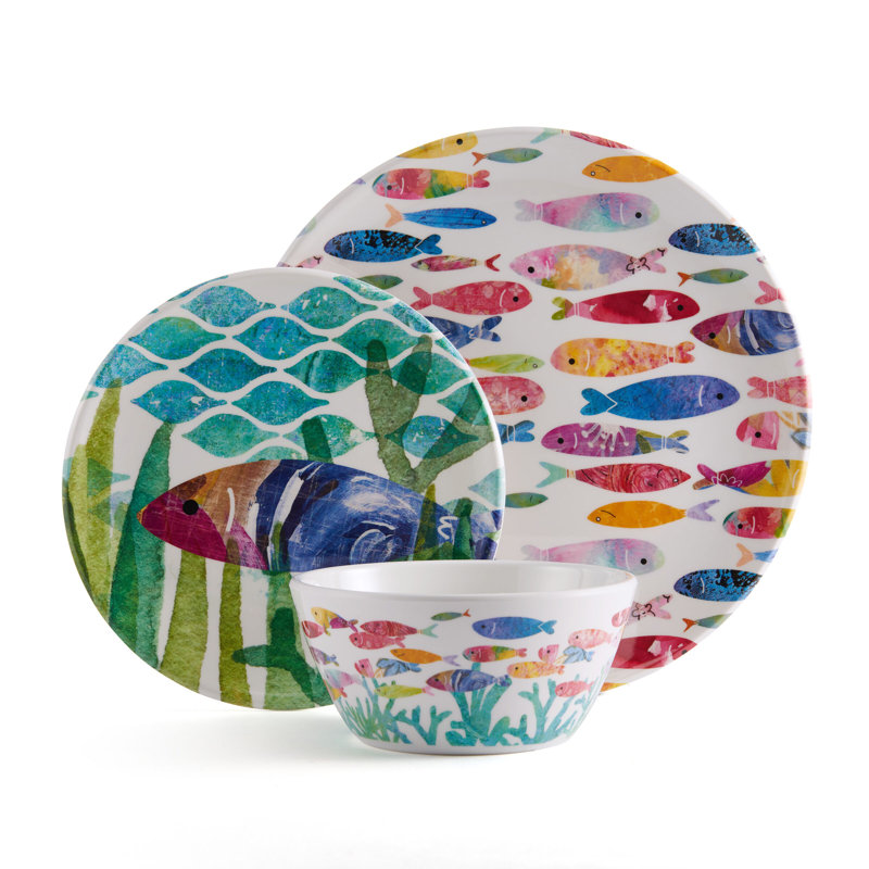 Colorful Fish Melamine 12-Piece Dinnerware Set, Service for 4