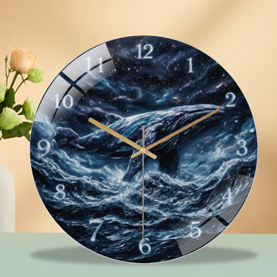 Horloge murale avec baleine et vagues cosmiques - Horloge murale moderne en verre 12 po