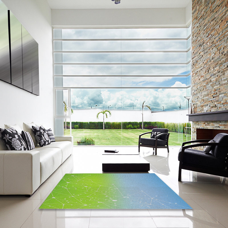Tapis bleu/vert à motifs, Carré 6 pi