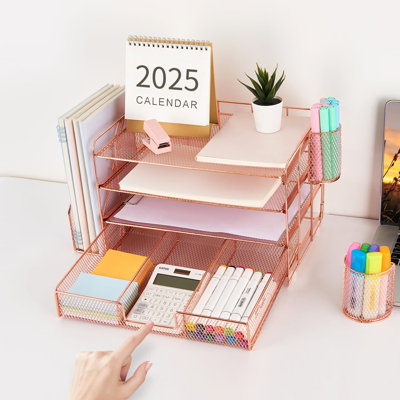 Organisateur de papier à lettre avec porte-classeur, accessoires de bureau à 4 niveaux avec tiroir et 2 porte-stylos