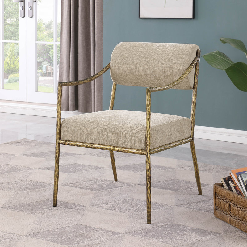 Chaise de salle à manger rembourrée Bastille, Tissu chenille beige, Laiton brossé