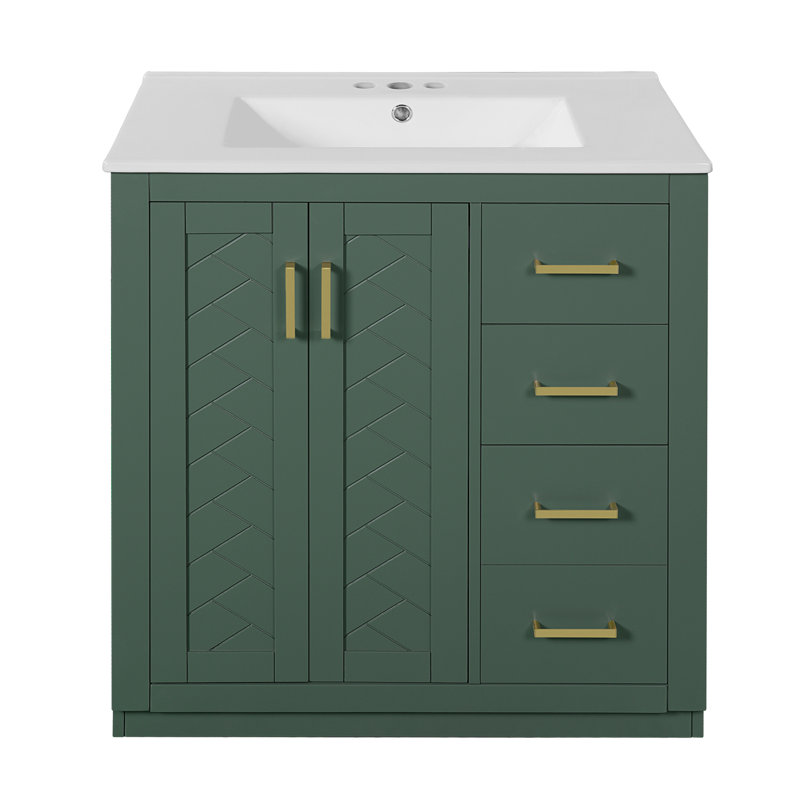 Ensemble de meuble-lavabo à cadre en bois massif 30 po avec lavabo en céramique, 3 tiroirs et portes à fermeture douce, Vert