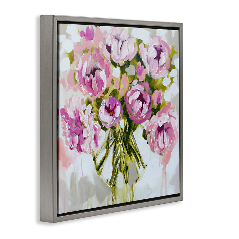 Bundle Of Daubed Peonies Floating Frame, design by Amanda Brooks, 18" H x 18" W, Luster Gray Floater Frame
