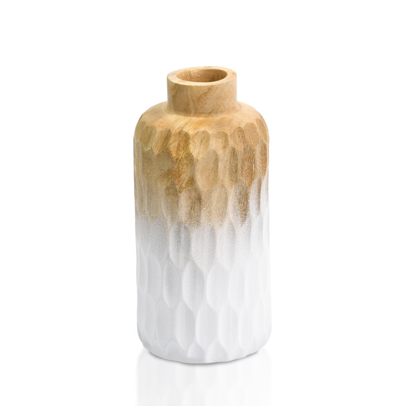 Vase en bois de manguier cylindrique blanc et brun à écailles uniques