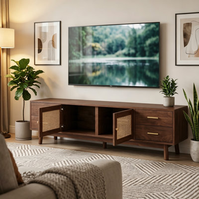 Meuble télé 70 po en rotin avec 4 tiroirs et gestion des câbles - Console multimédia pour les téléviseurs de 80 po ou moins dans le salon