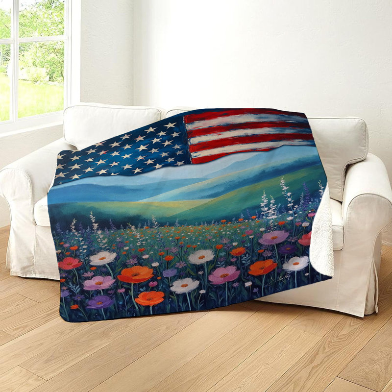 Landscape With US Flagbeach Medium Sherpa Blanket, 60" W x 80" L