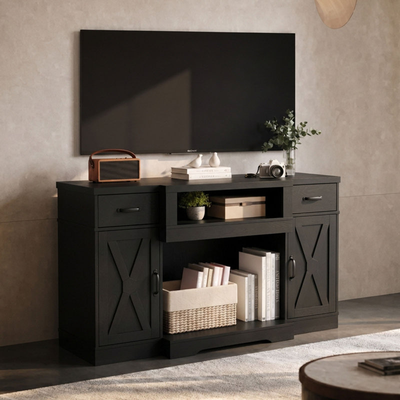 Meuble télé noir de style ferme de 64,5 pouces avec portes à croisillons, 2 tiroirs et 2 placards, compatible avec les téléviseurs de 75 pouces.