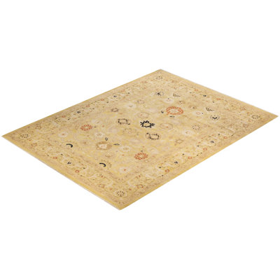 Tapis unique ivoire / lime / pistache noué à la main Trevonne Eclectic 9 pi 3 po x 12 pi 2 po