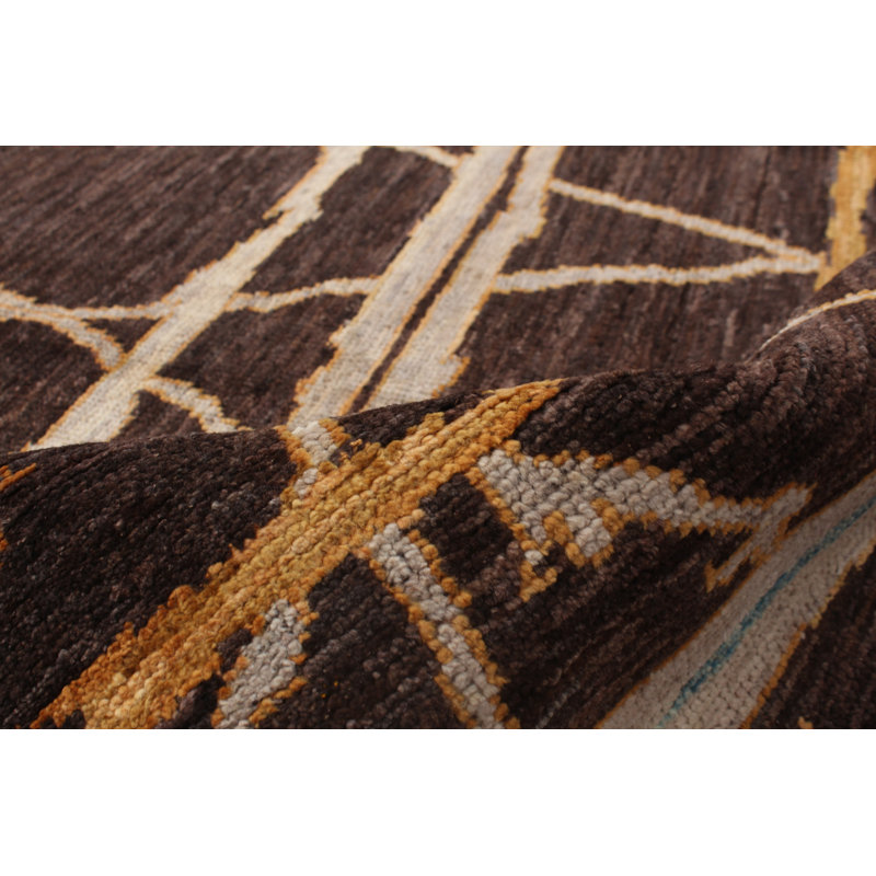 Tapis brun / beige en laine noué à la main de conception unique 8 pi 3 po x 9 pi 9 po Grogan