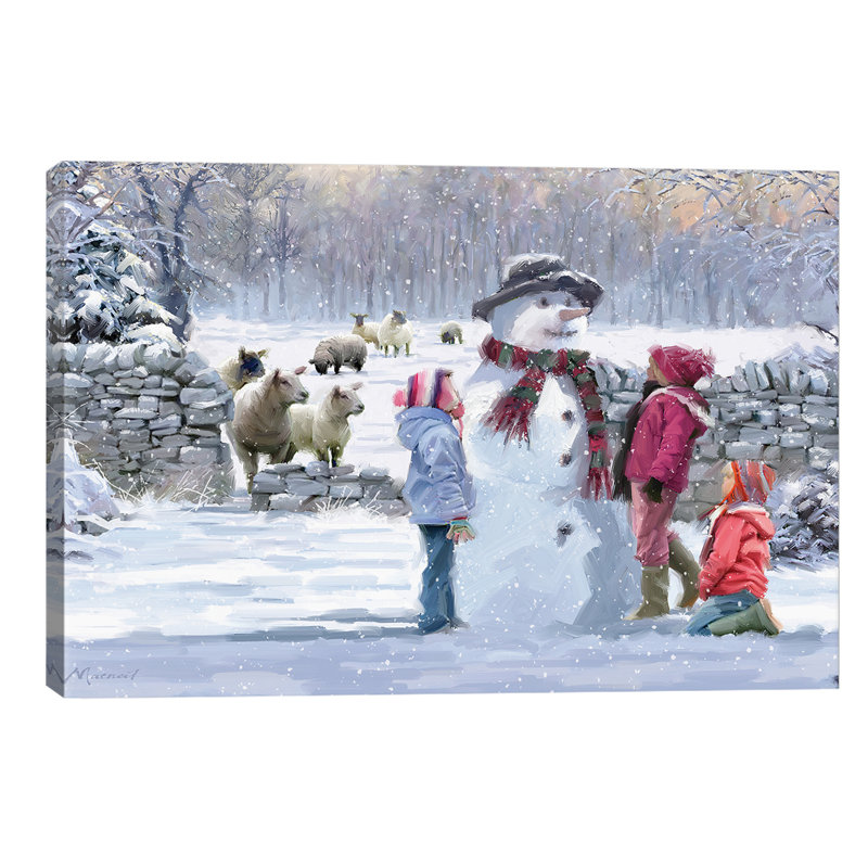 Children Building Snowman by The Macneil Studio - Wrapped Canvas Painting, 66.04 cm H x 45.72 cm W x 1.91 cm D
