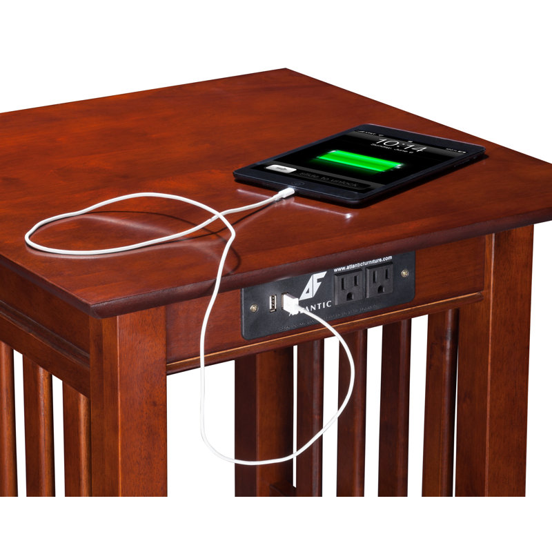 Jarrah Solid Wood End Table and Built-In Outlets, Walnut, 22" H x 20" W x 20" D
