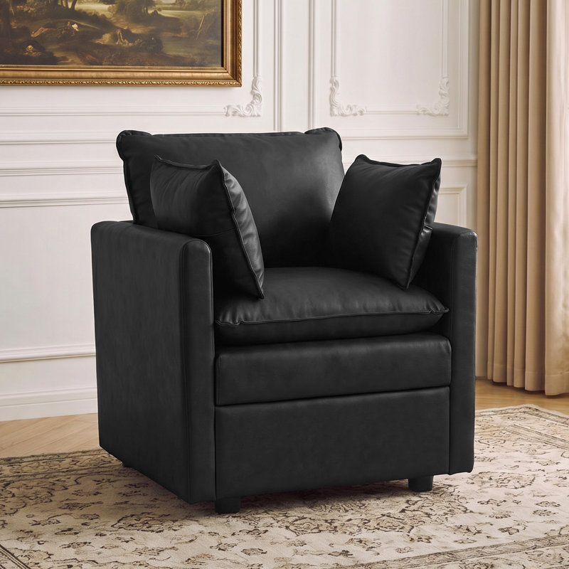 Chaise d'appoint avec rangement, fauteuil rembourré en similicuir avec coussins, Pu-black