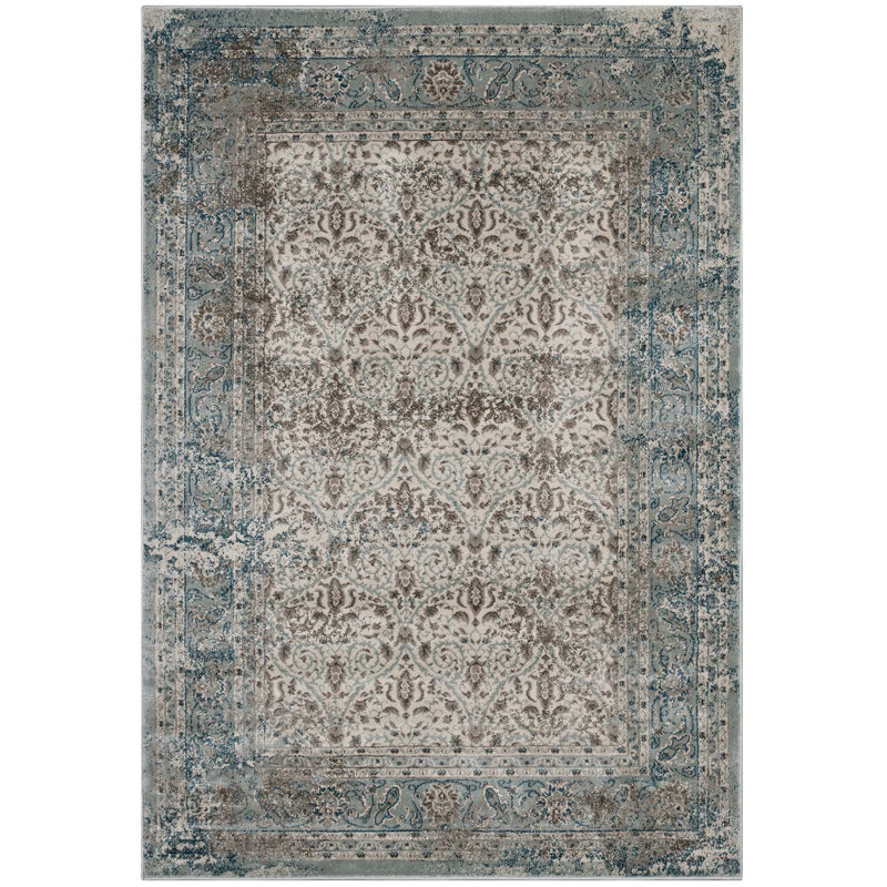 Modway Dilys Distressed Vintage Floral Lattice Area Rug In Teal, Brown and Beige, Rectangle 5' x 8'