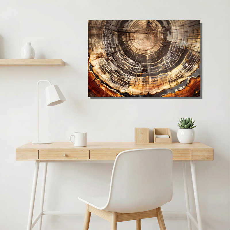 Art sur toile, anneaux de croissance d'arbre en tons de terre bruns et gris, 12"H x 18"W