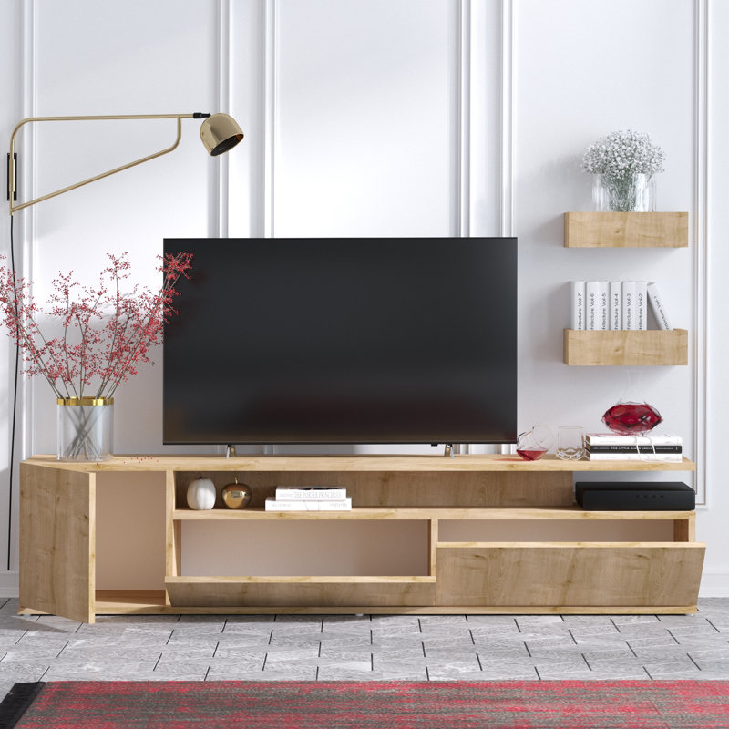 Meuble télé de style scandinave, couleur chêne, 70,9 x 17,7 x 13,8 pouces | 100% panneau de particules enduit de mélamine, épaisseur: 0,7 pouce | Fixation murale avec de nombreuses tablettes, conception moderne pour le salon et les espaces de diverti