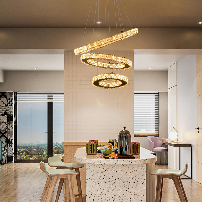 Dimmable Crystal LED Chandelier(3000-6500K) for High Ceiling – Remote Control, Adjustable Height, Modern Stainless Steel Fixture for Foyer, Staircase, Living Room(Chrome)