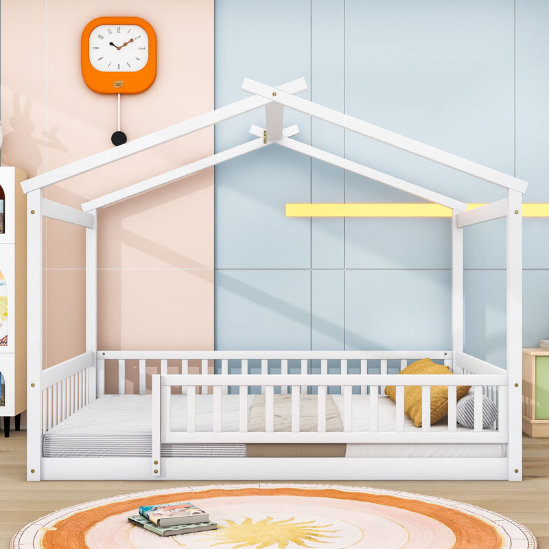 Structure de lit en bois avec clôture Akeiba, pour enfants, adolescents, Double, Blanc