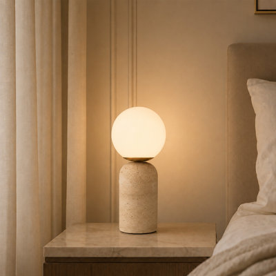 Modern Travertine Globe Table Lamp with White Glass Shade, Dimmable Bedside Nightstand Lamp for Bedroom Living Room