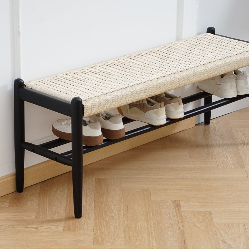 Everill Solid Wood Entryway Bench with Shoe Storage, Matt Black, 16.9" H x 48" W x 14" D