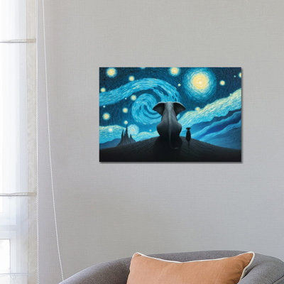 Elephant And Dog Looking At Starry Night by Mike Kiev - Wrapped Canvas Gallery-Wrapped Canvas Giclée