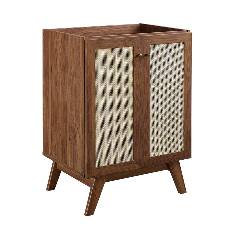 Walnut Freestanding Bathroom Vanity Cabinet with Rattan Weave Doors