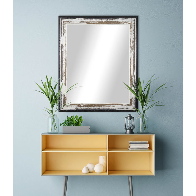 Caseyville Wood Flat Wall Mirror, 35.5" H x 29.5" W, Brown/Cream Distressed