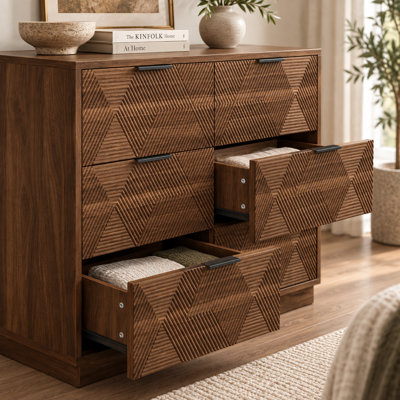 Commode Pagina de style Mid-Century à 6 tiroirs avec façade en noyer texturée géométrique 3D