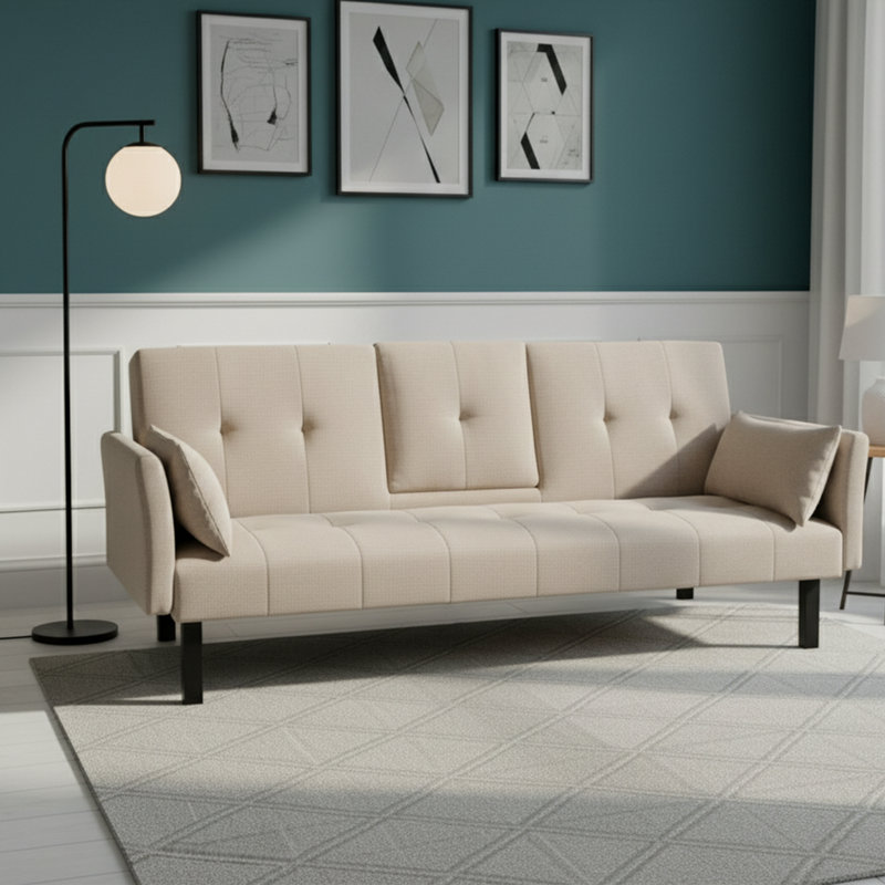 Canapé-lit 70 po en lin et coton convertible avec porte-gobelets et poches de rangement latérales, beige, Beige