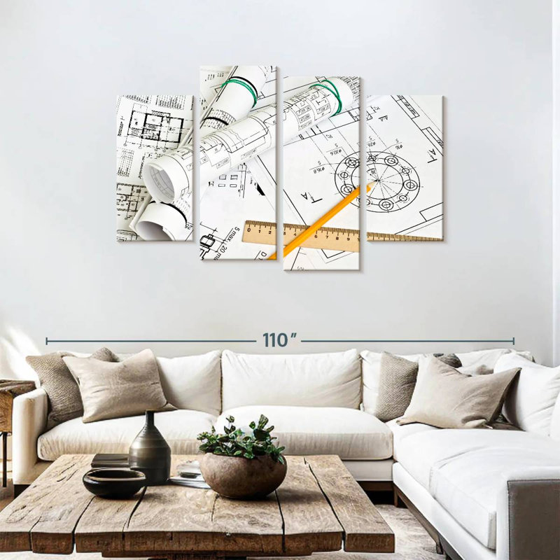 Dessins du mécanicien - 4 pièces d'une image tendue sur toile tendue, H 48 po x l 75 po x P 1,25 po