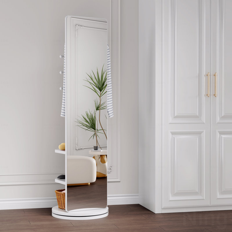 360° Rotating 66"X14" Multifunctional Full Length Mirror With Hook Storage Rack Coat Rack With Mirror Solid Wood Floor Mirror