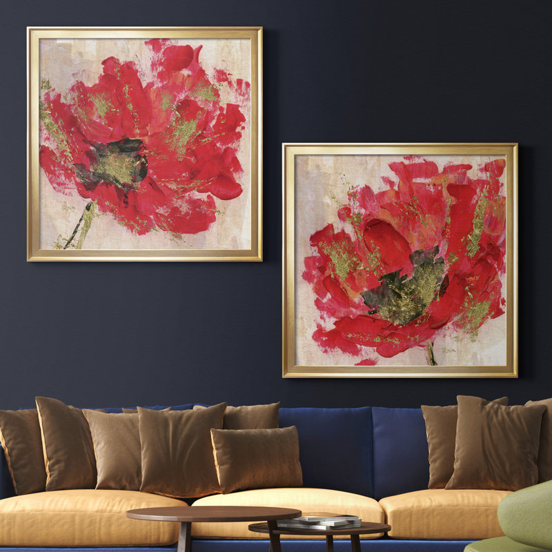 Red Infusion I - ensemble de 2 reproductions d'art encadrées, Toile encadrée dorée, Pas de tapis