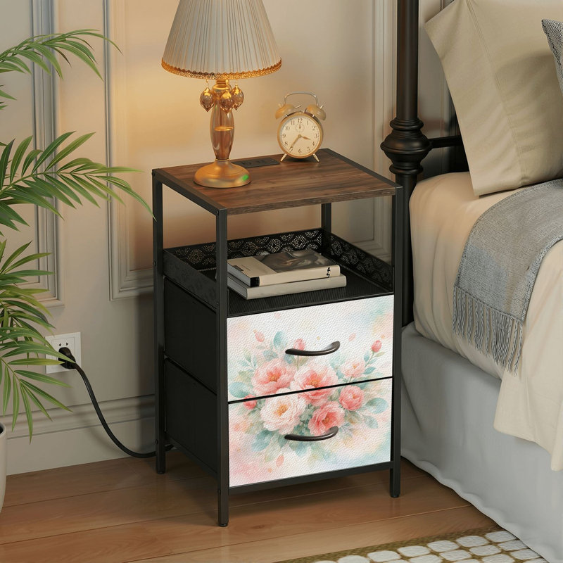 Table de chevet 2 tiroirs avec station de charge, table de chevet de chambre à coucher avec ports USB et prises ouvertes - tablette noire